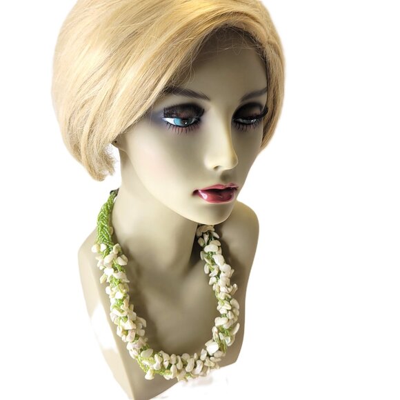 Chunky Shell Chips and Green Bead Bib Necklace - Picture 7 of 14